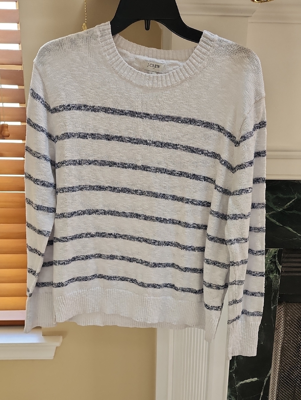 J. Crew Lightweight White Sweater with Navy Stripe Crewneck